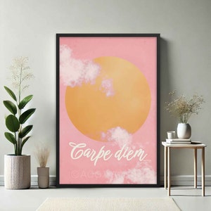 Plakat Carpe Diem | Chwytaj dzień stylowo | Różowy plakat motywacyjny z nadrukiem słońca