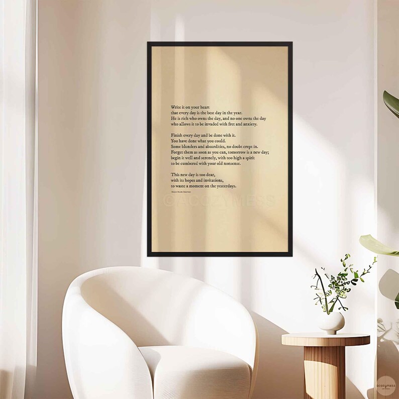 New day by Ralph Waldo Emerson Framed poster in black finish for inspirational minimalist style decor