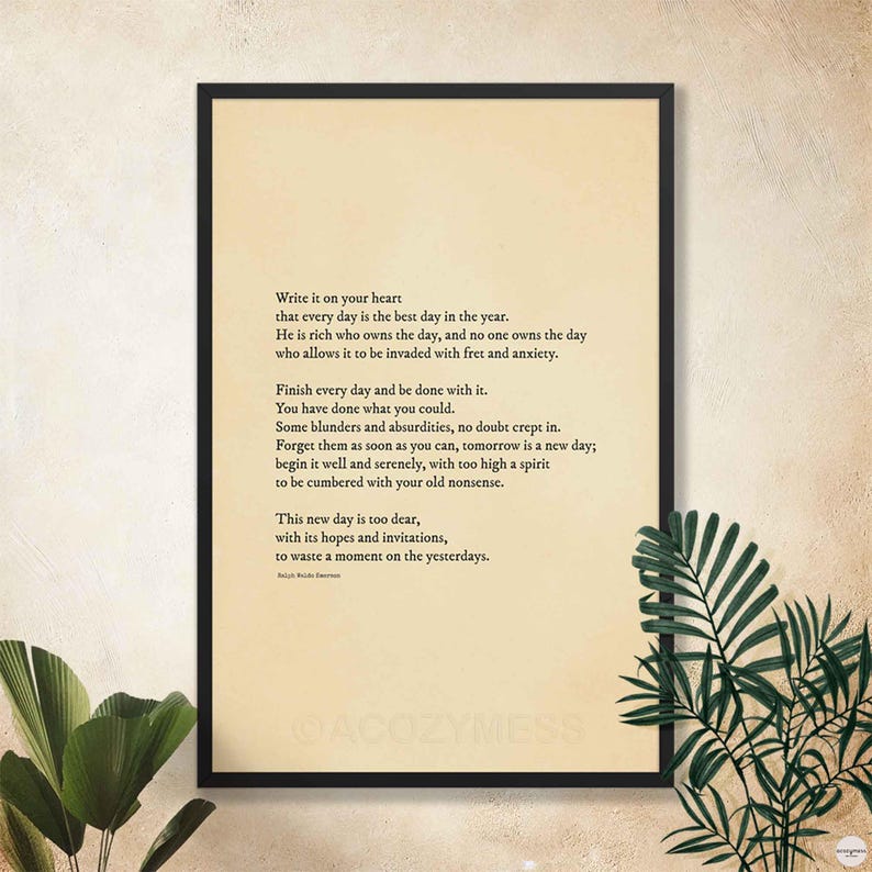 New day by Ralph Waldo Emerson Framed poster in black finish for inspirational office wall