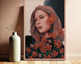 秋の花柄女性アートプリント：穏やかな肖像画の壁飾り | フェミニンなインテリア