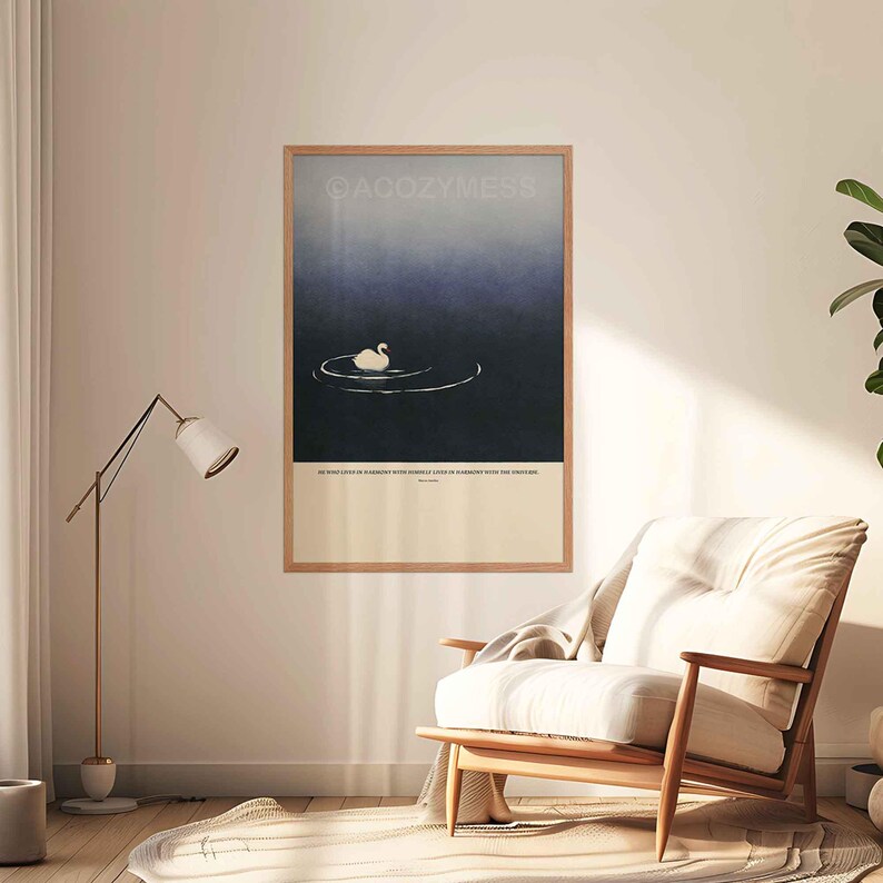 Marcus Aureliusposter art in an oakwood frame, displaying the phrase “Harmony with himself” with serene art.