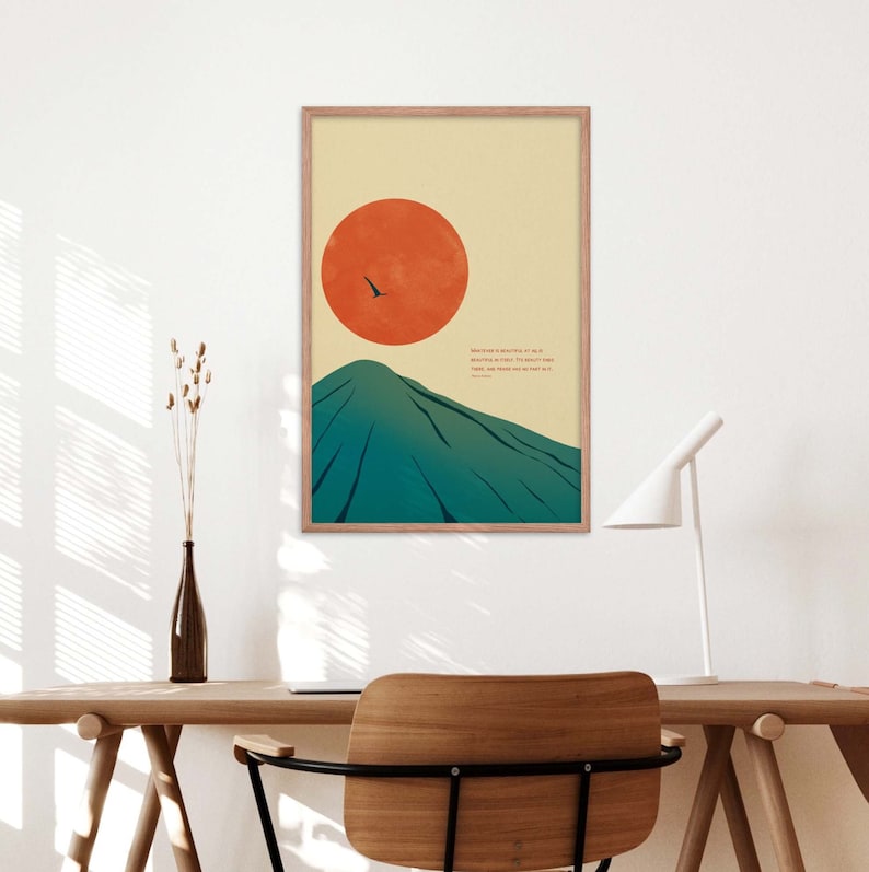 Marcus Aurelius quote on beauty and praise with sun and mountain art poster in oak frame