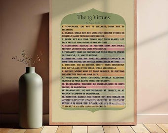 De 13 deugden van Benjamin Franklin poster | Motiverende muurkunst | Zelfverbetering en discipline-print