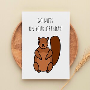 Puede incluir: Tarjeta de cumpleaños blanca con el texto "GO NUTS ON YOUR BIRTHDAY!". Presenta una ilustración de ardilla de dibujos animados en tonos marrones. La tarjeta se muestra en un plato de madera con una espiga de trigo.