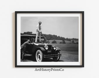 Vintage fotoposter golfer op auto: golfmuurkunst (digitale download)