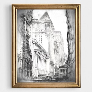 Vintage New York Stock Exchange Drawing: Cityscape Sketch Art (Digital Download)