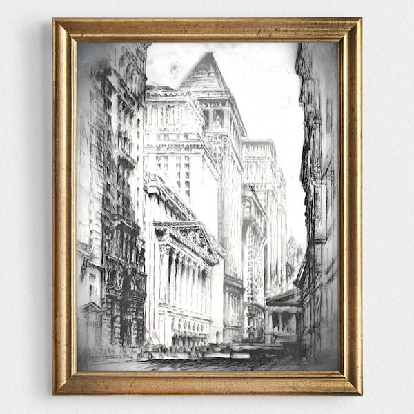 Vintage New York Stock Exchange Drawing, Cityscape Sketch Art, Digital Download Printable | 7