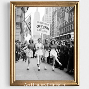 Vintage Photo Poster | Skate To Work WW2 Black and White Wall Art | Women Photography Retro Old Picture Prints Gift | Digital Download 37