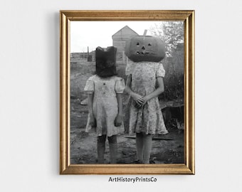 Impresión vintage de Halloween: Niños con cabeza de calabaza, fotografía espeluznante en blanco y negro (descarga digital) 12