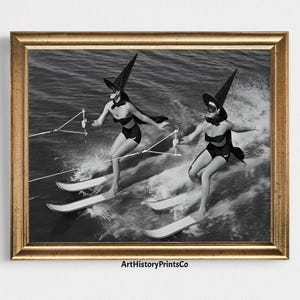 Vintage Witches on Water Skis Photo Print: Unique Black and White Art (Digital Download)