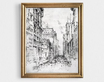 May include: A black and white sketch of a city street scene with tall buildings on either side of the street. The street is filled with people and vehicles.