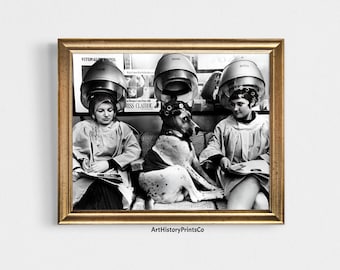 Vintage Beauty Salon Print: Women & Dog, Black and White Photo Art (Digital Download)