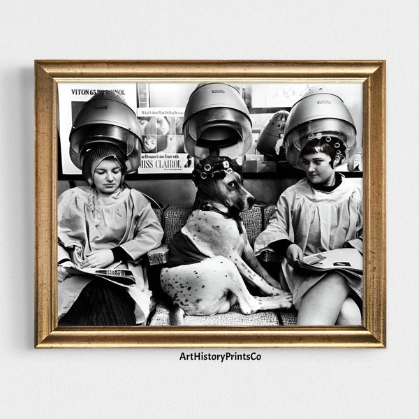 Vintage Beauty Salon Print: Women & Dog, Black and White Photo Art (Digital Download)