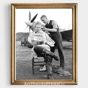 Vintage Poster Photo Print | Barber Shop WWII Pilot Poster | Black and White Wall Art | Salon Decor Gift Digital Download Printable 41