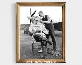Vintage Poster Photo Print | Barber Shop WWII Pilot Poster | Black and White Wall Art | Salon Decor Gift Digital Download Printable 41