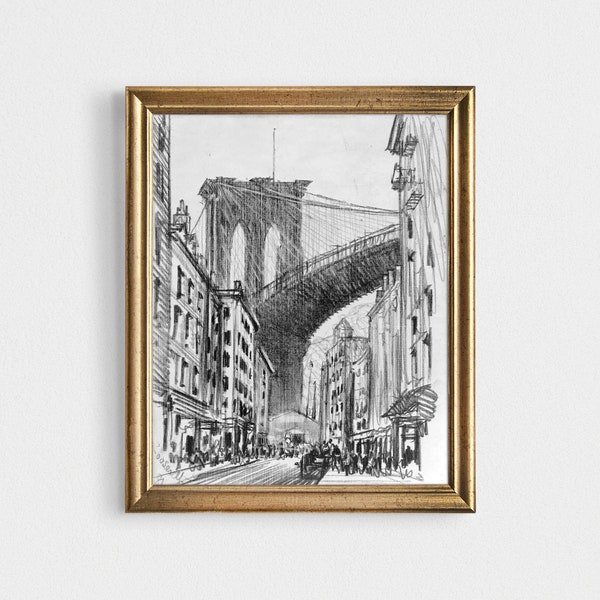 Vintage Brooklyn Bridge Cityscape Sketch Art, City Drawing Printable Digital Download #230