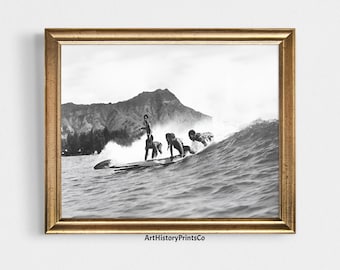 Vintage Hawaiian Surfing Photo Print: Black and White Wall Art (Digital Download)