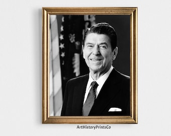 Póster vintage con el retrato de Ronald Reagan: Arte histórico en blanco y negro (Descarga digital)
