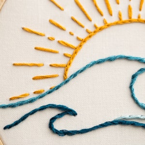 Peut inclure: Art de broderie sur un cercle repr&eacute;sentant un soleil jaune avec des rayons et une vague bleue.