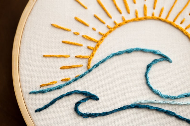 Peut inclure: Art de broderie sur un cercle repr&eacute;sentant un soleil jaune avec des rayons et une vague bleue.