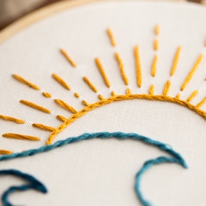 Peut inclure: Gros plan sur un motif de broderie fait main repr&eacute;sentant un soleil jaune avec des rayons et une vague bleue.