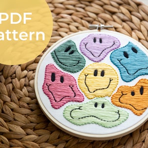 Retro Melty Smiley PDF Embroidery Pattern | Self Care Art | Therapy Artwork