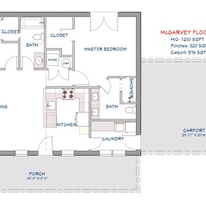 May include: A floor plan of the McGarvey house, showing a 1200 square foot home with a porch, carport, and laundry room. The floor plan includes measurements for each room.