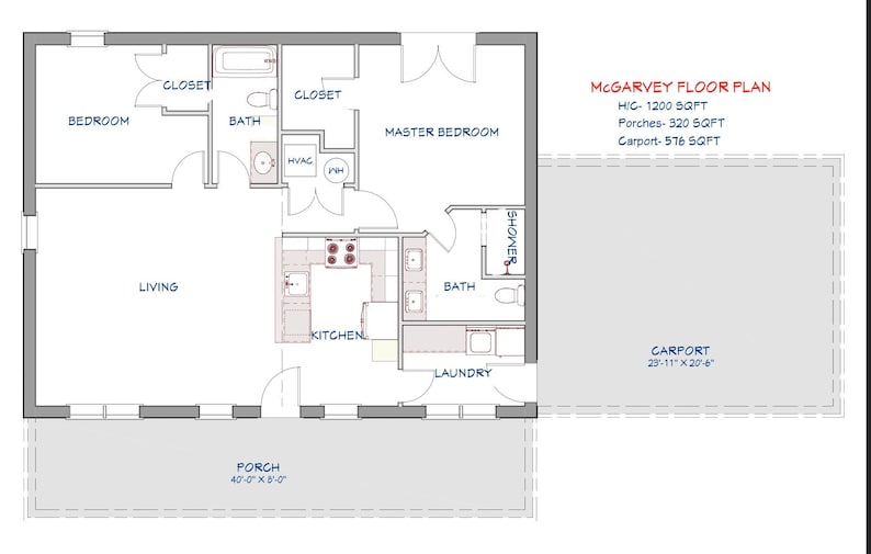 May include: A floor plan of the McGarvey house, showing a 1200 square foot home with a porch, carport, and laundry room. The floor plan includes measurements for each room.