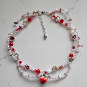 Strawberry Beaded Necklace, Handmade Beaded Necklace, Strawberry Necklace