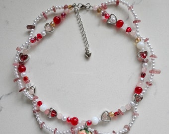 Strawberry Beaded Necklace, Handmade Beaded Necklace, Strawberry Necklace