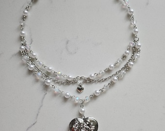 Heart Beaded Necklace, Handmade Necklace, Pearl Necklace