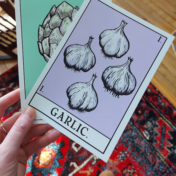 Garlic Tarot Art Print - French or English – 5x7 Art Print – Vegetable Art – Gift For Her – Gift for Cooks – Kitchen Art – Chef Art Print