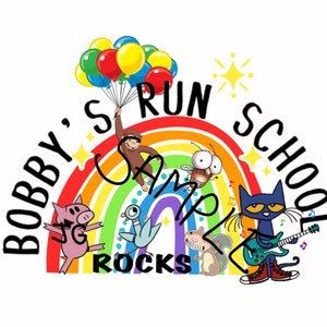 Puede incluir: Gráfico colorido con el texto "Bobby's Run School Camp Rocks", un arcoíris y varios personajes de dibujos animados. Un mono sostiene globos, un gato toca la guitarra. Otros personajes incluyen un cerdo, una paloma, una mosca y una ardilla.