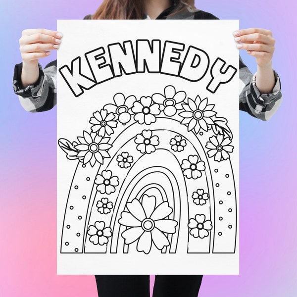 Custom Name Rainbows and Flowers Large Coloring Page, Coloring Page, Name Coloring Page, Kids Coloring Page, Coloring, Kids Gift