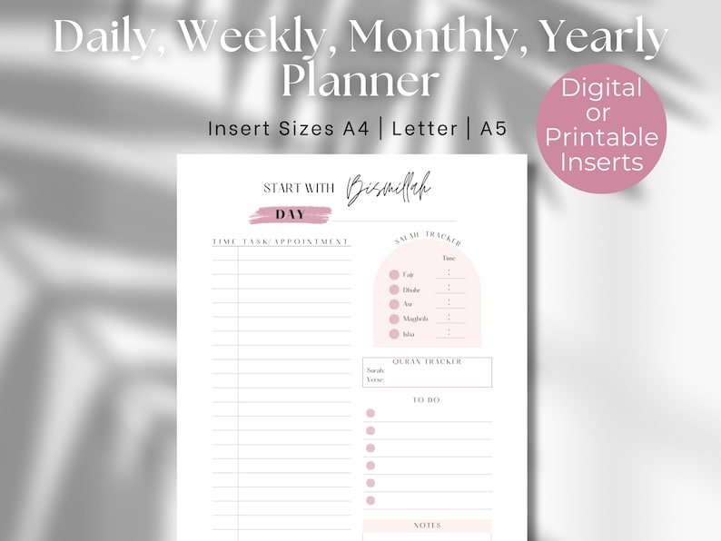 May include: A printable daily planner with a pink and white color scheme. The planner includes sections for time, tasks, appointments, prayer tracker, and Quran tracker. The text "Start with Bismillah" is at the top of the page.