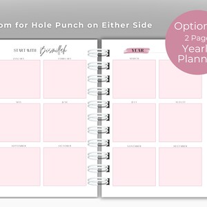 May include: A two-page yearly planner with a pink and white color scheme. The planner has a space for each month of the year and includes the phrase "Start with Bismillah" at the top of the left page.