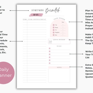 May include: A printable daily planner with a pink and white color scheme. The planner includes sections for time, tasks, appointments, Quran tracking, Salah tracking, to-do list, and notes. The text "START WITH Bismillah DAY" is at the top of the page.