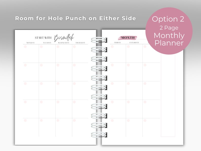 May include: Two-page monthly planner with a white background and black grid lines. The left page has the text "START WITH Bismillah" at the top and the days of the week listed below. The right page has the word "MONTH" at the top and the days of the week listed below. Both pages have pink dots scattered throughout.