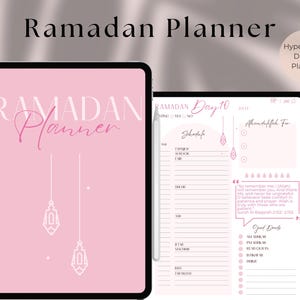 May include: A pink digital planner with the text "Ramadan Planner" in white. The planner has a pink background with white decorative lights. The planner has a section for "Schedule", "Alhamdulillah For", and "Good Deeds".