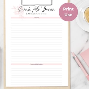 May include: Printable lined journal page with the title "Surah Ali Imran" and the text "3. Ali' Imran: Family of Imran" and "Tafseer". The page also includes the text "Print Use" and "Personal Reflection".