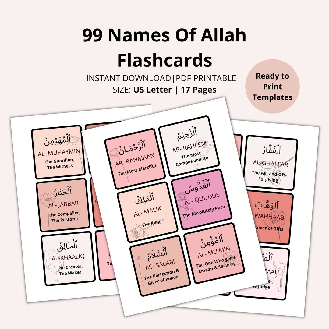 99 Names of Allah Flashcards Colorful Instant Download PDF - Etsy