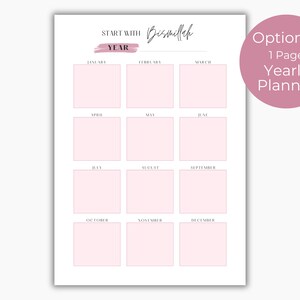 May include: A printable yearly planner with a pink and white color scheme. The planner is divided into 12 sections, one for each month of the year. The text "START WITH Bismillah YEAR" is at the top of the page.