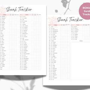 May include: A printable Surah Tracker with a pink floral design. The tracker is divided into two sections, each with a list of Surahs from the Quran. The first section lists Surahs 1-70, and the second section lists Surahs 71-114. The tracker also includes a section for notes.