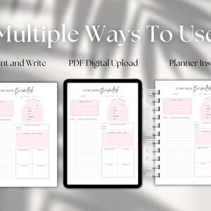 May include: Three different ways to use a printable planner page. The page is titled "Start with  Biscoff" and includes sections for daily goals, time and appointments, a meal tracker, and a fitness tracker. The three options are "Print and Write", "PDF Digital Upload", and "Planner Insert".