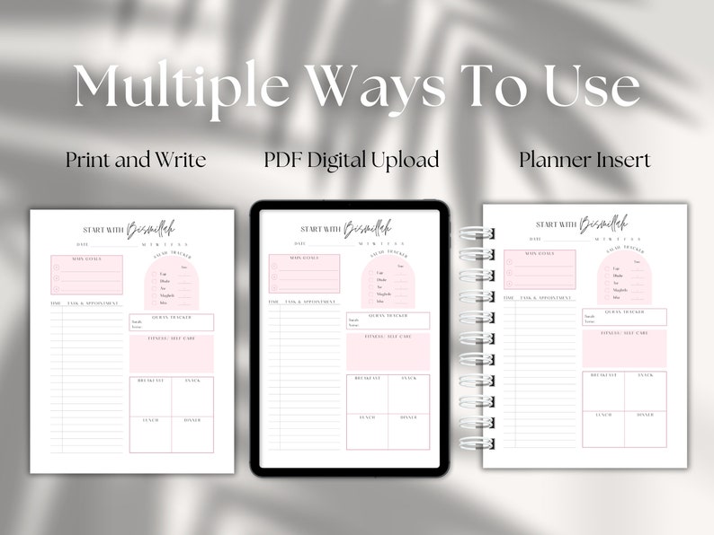May include: Three different ways to use a printable planner page. The page is titled "Start with  Biscoff" and includes sections for daily goals, time and appointments, a meal tracker, and a fitness tracker. The three options are "Print and Write", "PDF Digital Upload", and "Planner Insert".