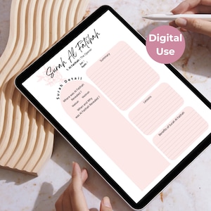 May include: A digital planner template for studying the Quran, specifically Surah Al Fatihah. The template includes sections for details about the surah, a summary, lessons learned, and the benefits of reciting it.