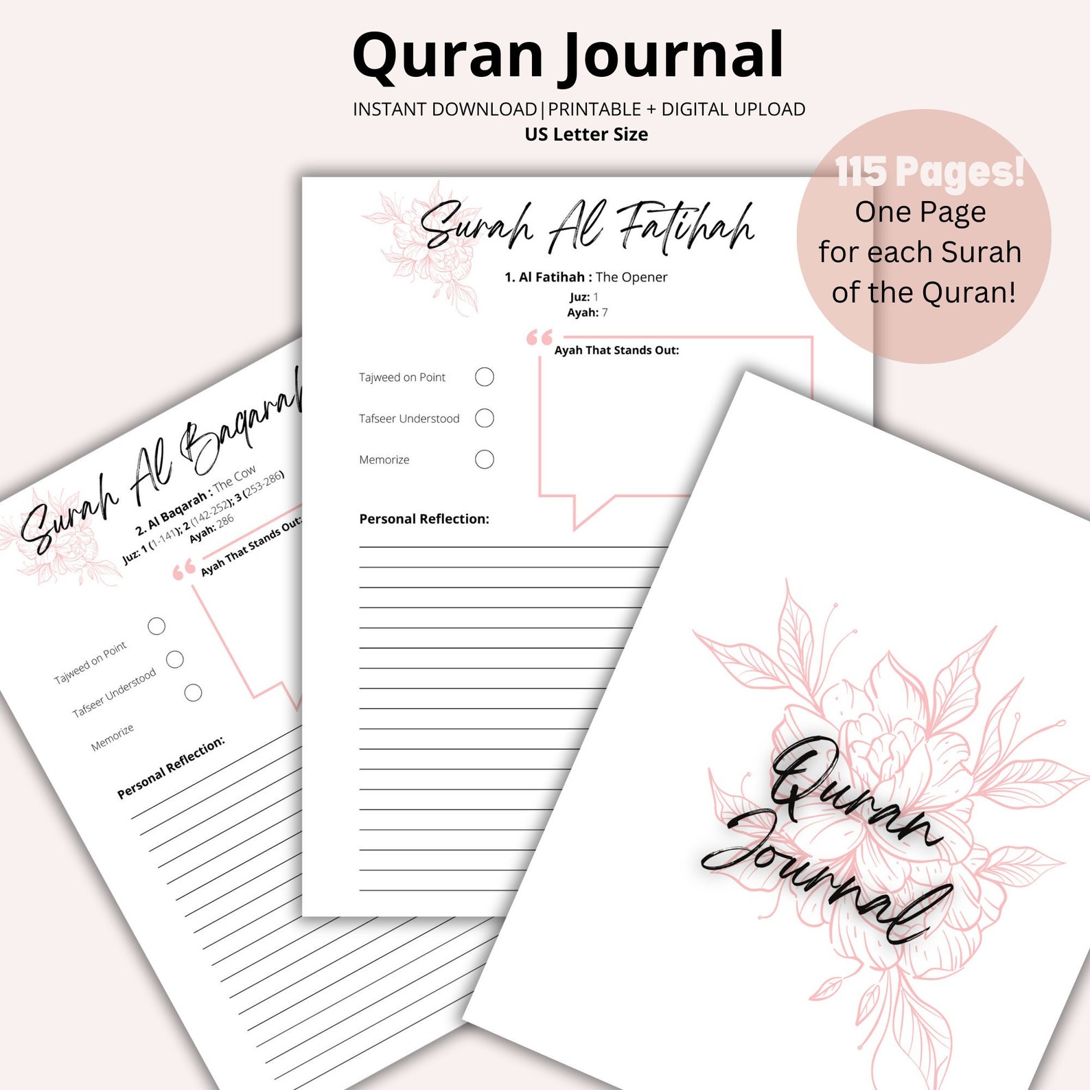 Quran Journal, 115 Pages to Learn and Reflect on Each Surah of Quran