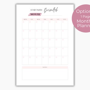 May include: A printable monthly planner template with a pink watercolor design. The template includes a calendar grid with days of the week labeled and a notes section at the bottom. The text "START WITH Bismillah" and "MONTH" are written in black at the top of the page.