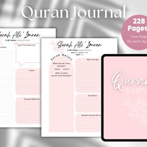May include: A pink digital planner with the text "Quran Journal" in white. The planner has a floral design and is open to a page with the title "Surah Ali Imran" and sections for notes, lessons, personal reflection, and key words.