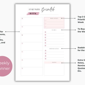 May include: A printable weekly planner with a pink and white color scheme. The planner includes sections for main goals, to buy list, ibadah goals, and notes. The text "START WITH Bismillah WEEK" is at the top of the page.